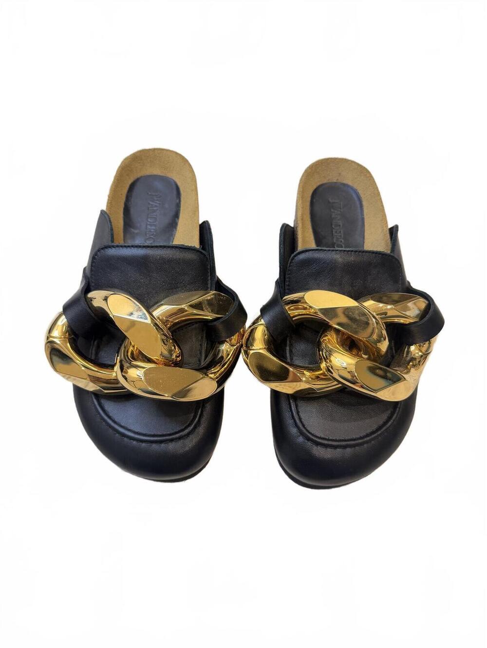 JW Anderson Black Leather Chain Loafer Mules - Oversized Gold Chain Size 36 (6)